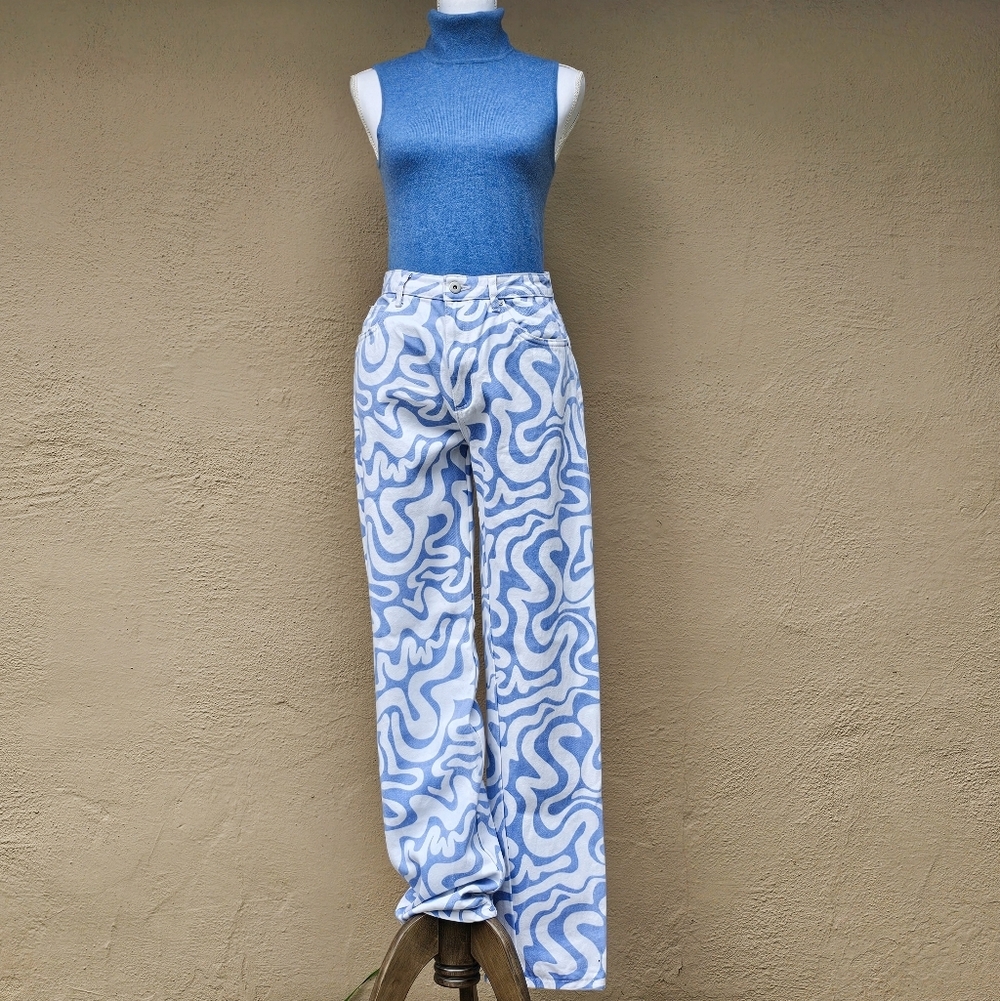 Cotton On Trippy Blue & White Swirl Straight Leg Cotton Blend Pants Sz 6 Long